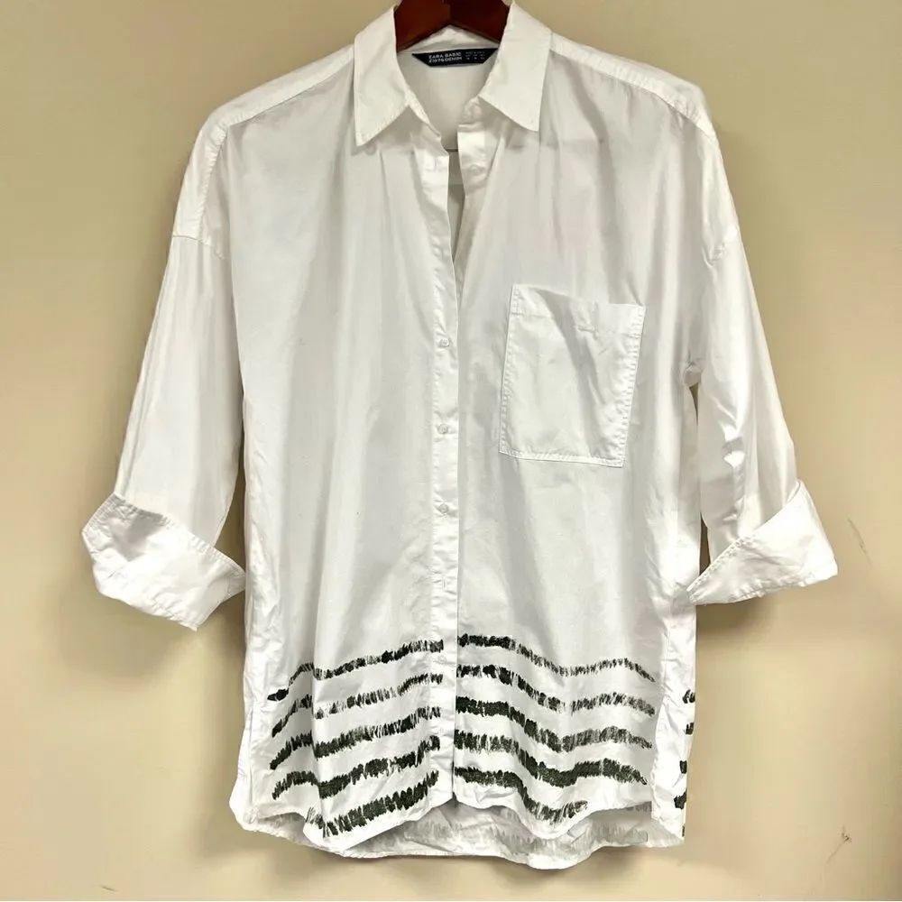 Zara white button down with green striped bottom sz M